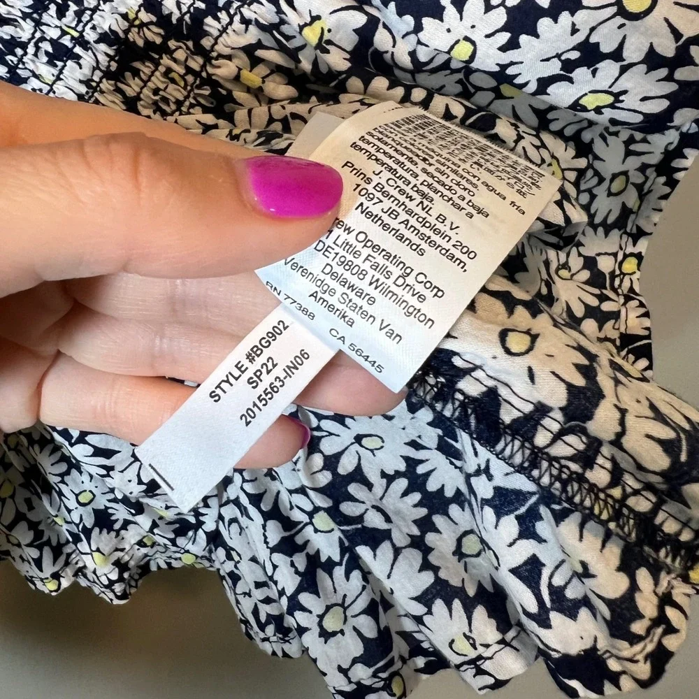 J. Crew Puff Sleeve Smocked Peplum Daisy Floral Top Navy White Cotton Medium